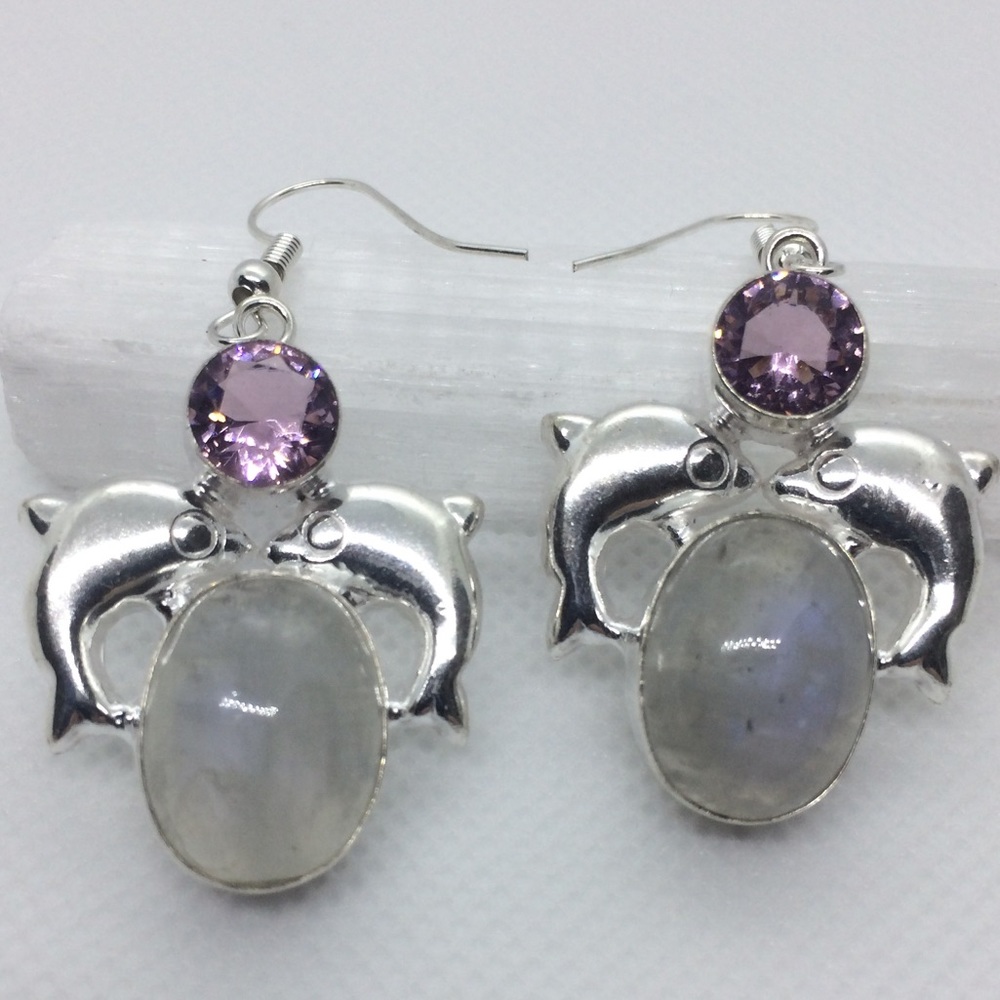 ✳️MOONSTONE AND PINK SAPPHIRE DOLPHIN 🐬 EARRINGS